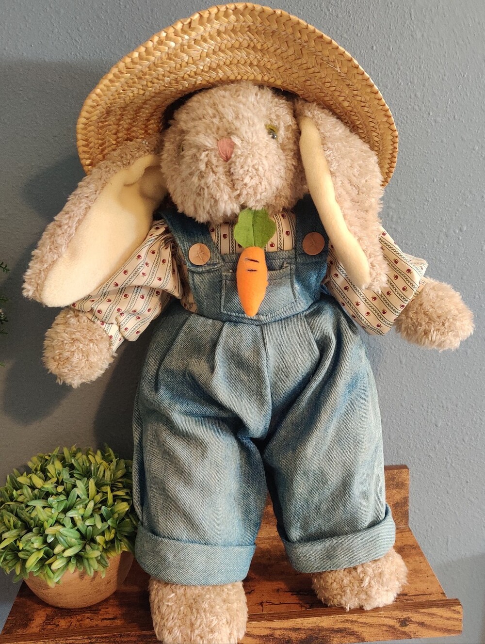 Easter Rabbit Plush Jean Denim Coveralls Straw hat Garden 16" Stuffed Animal